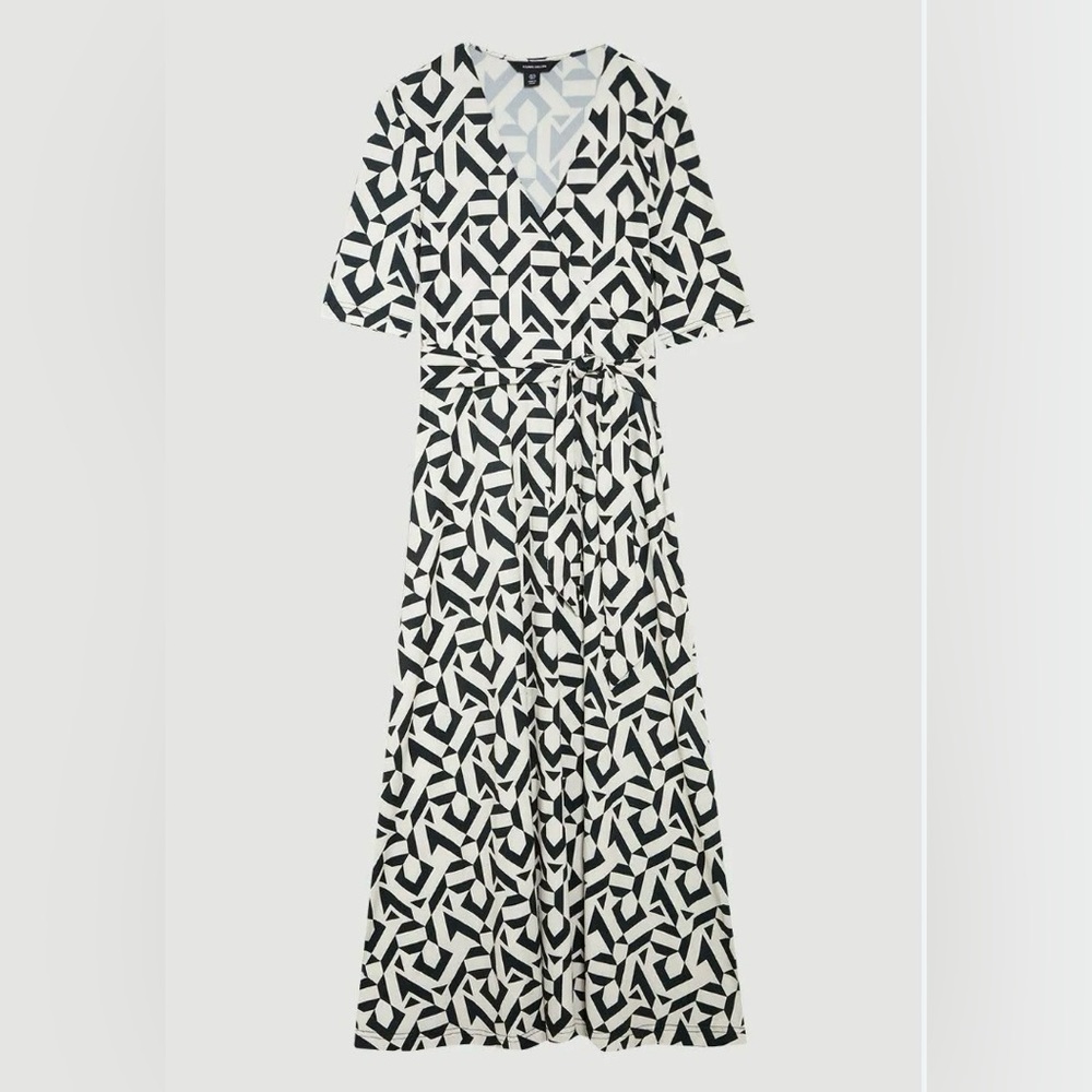 Karen Millen | Half Sleeve Geometric Printed Jersey Wrap Midi Dress Sz 8 | NWT - Picture 2 of 12